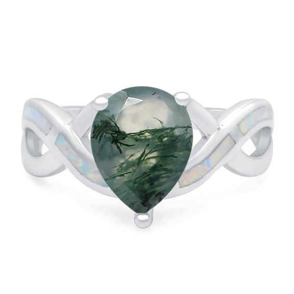 Natural Green Moss Agate Size-5 Art Deco Pear Teardrop Vintage Rings Infinity Twisted Shank Wedding Engagement Ring 925 Sterling Silver Gifts for Her