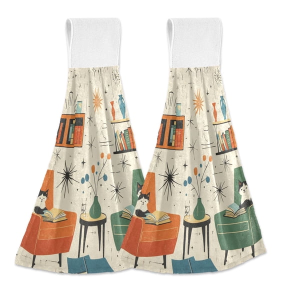 Yayeee Kitchen Hanging Hand Towels Set of 2 with Loop Bathroom Absorbent Tie Towel, Beige Cats Reading