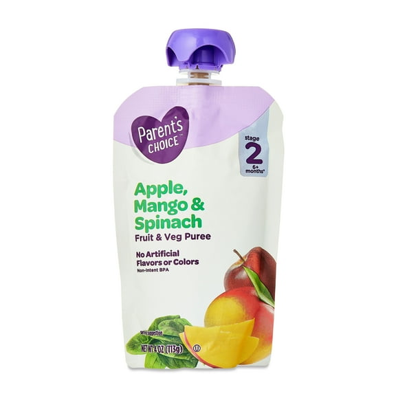 Parent's Choice Stage 2 Baby Food, Apple, Mango, and Spinach Puree, 4 oz Pouch