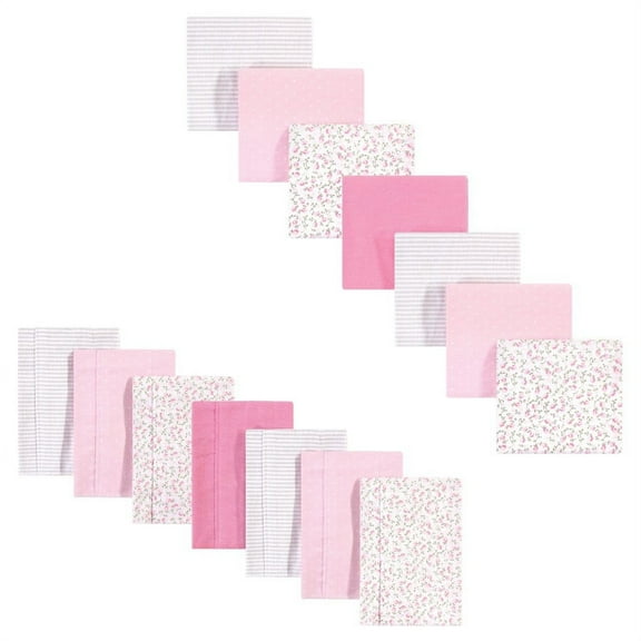 Hudson Baby Infant Girl Cotton Flannel Burp Cloths and Receiving Blankets, 14-Piece, Pink Peony, One Size