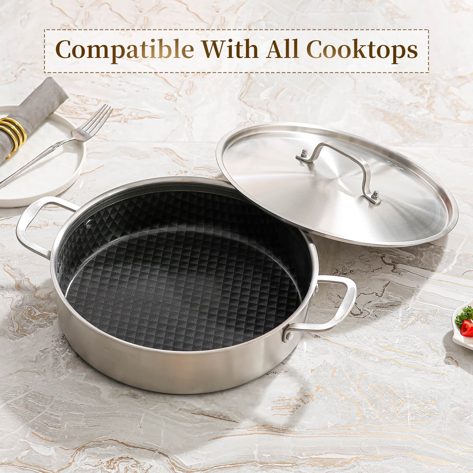 DELARLO 7QT Tri-Ply Stainless Steel Non Stick Braiser Pan with Lid,12inch Deep Frying Pan,Large Saute Pan Induction Compatible,Heavy Duty and Oven Safe