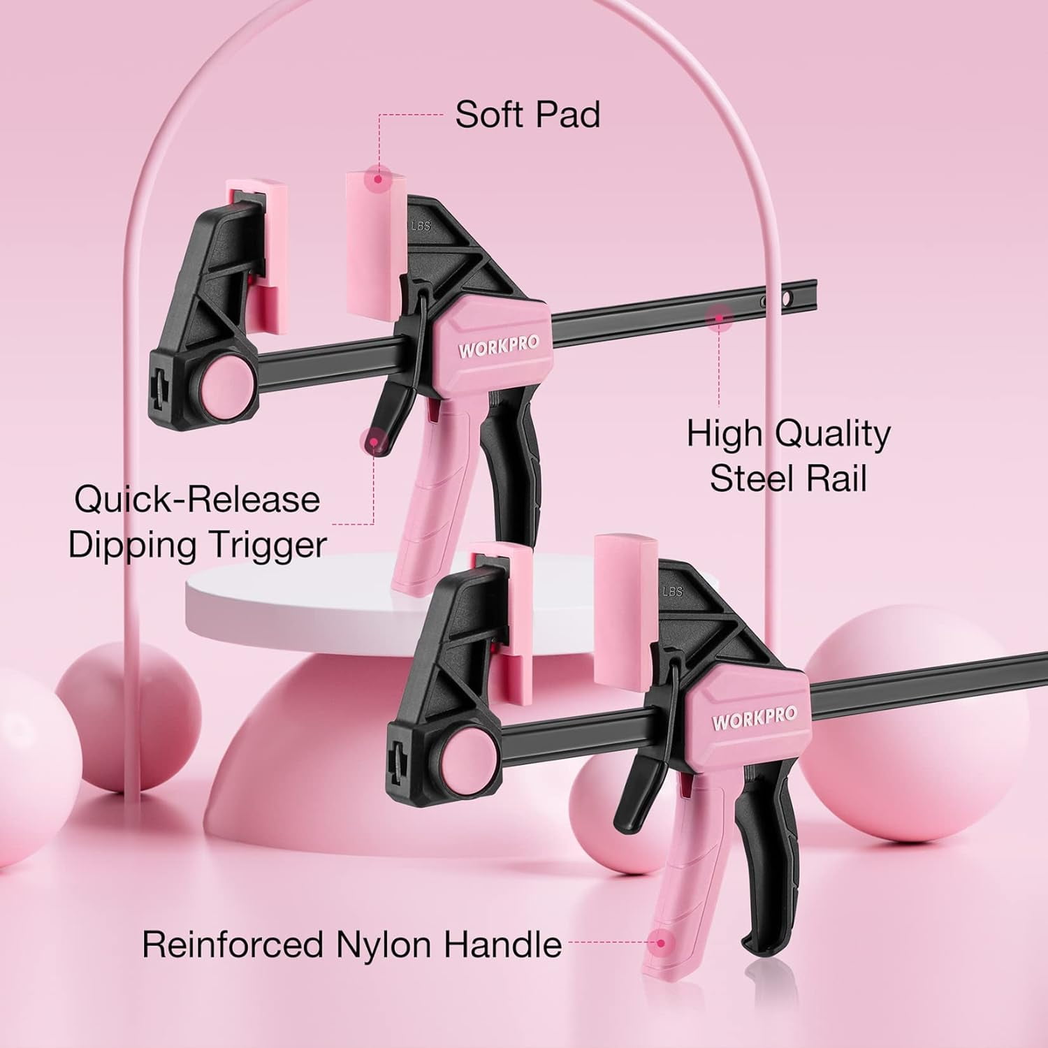 WORKPRO One-Handed Bar Clamps Set, 6-Pack (4PC 6" & 2PC 12"), Light-Duty Quick-Change F Clamps with 150 lbs Load Limit, Pink Ribbon