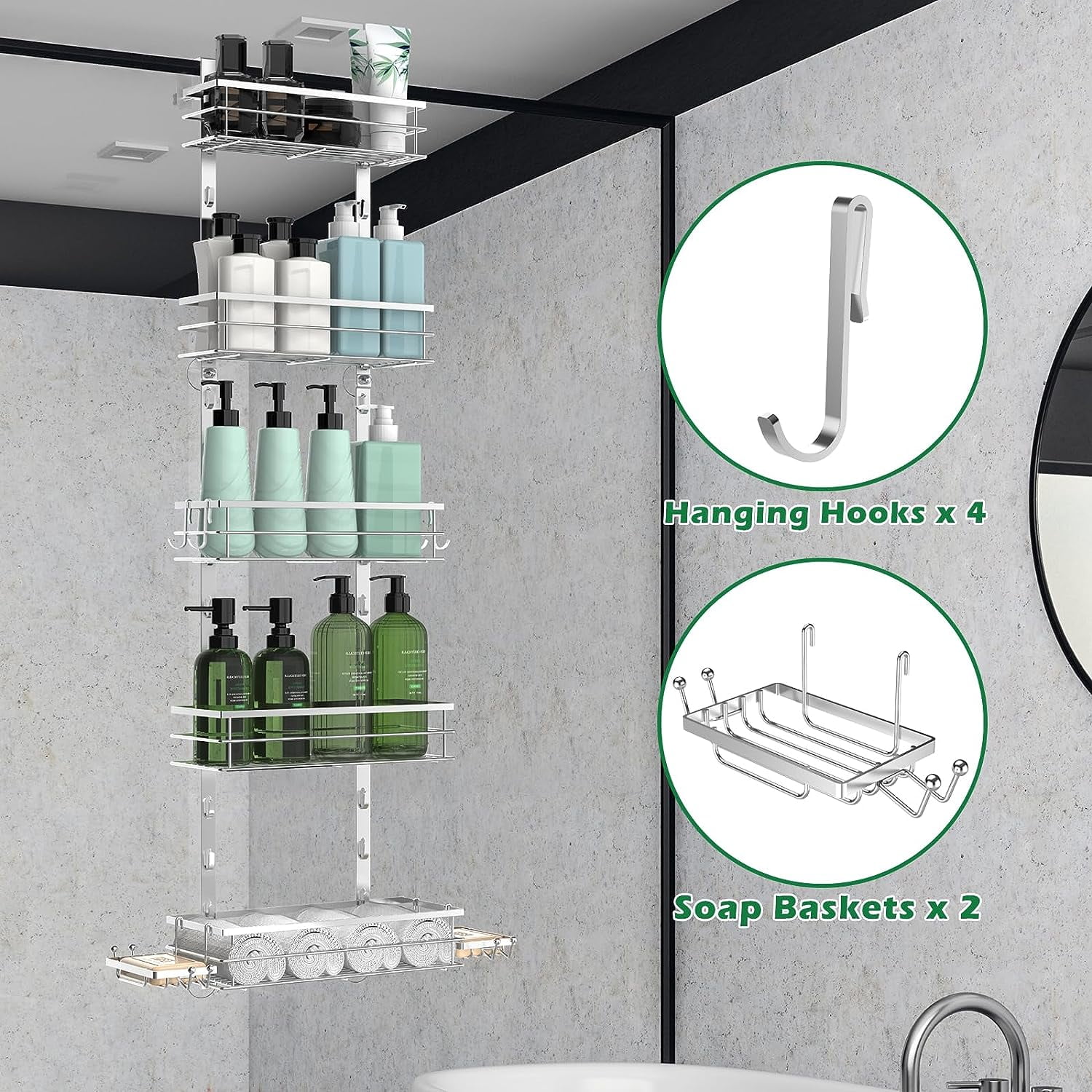 ADOVEL Shower Caddy Hanging, 2 in 1 Shower Caddy Over Shower Head/Door,  Sturdy Bathroom Shelf Organizer with Adjustable Height, No Rust, No  Drilling