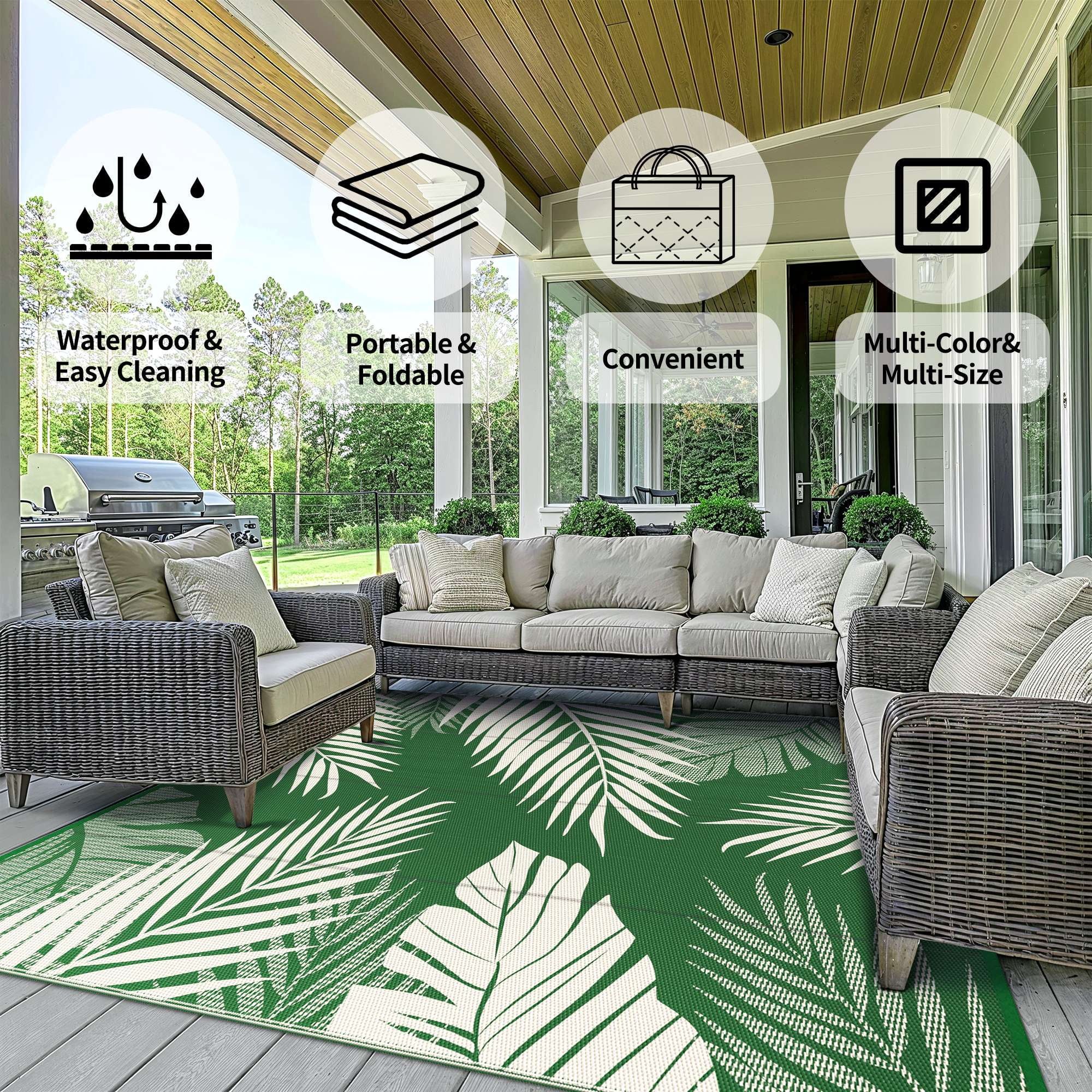 DEORAB 8'x10' Outdoor Rugs Waterproof Patio Lightweight Reversible Plastic Carpet Outside Camping Mat,DarkGreen