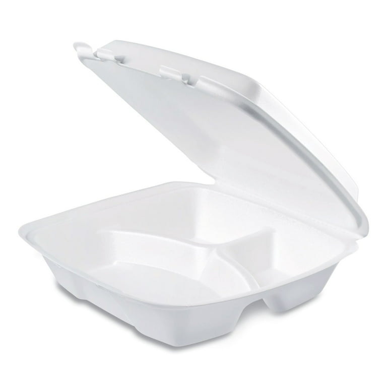 Foam Hinged Lid Container, Performer Perforated Lid, 3-Compartment, 9 x 9.4 x 3, White, 100/Bag, 2 Bag/Carton Foam Hinged Lid Container, Performer Perforated Lid, 3-Compartment, 9 x 9.4 x 3, White, 100/Bag, 2 Bag/Carton