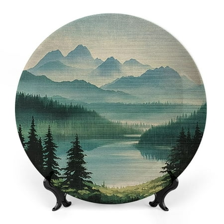 

Zhiwo Mountains Trees Lake Bone China Decorative Plate Vertical Stand for Home Club Room Decor - Elegant Pattern Choices Easy Installation Multi-functional Display Options