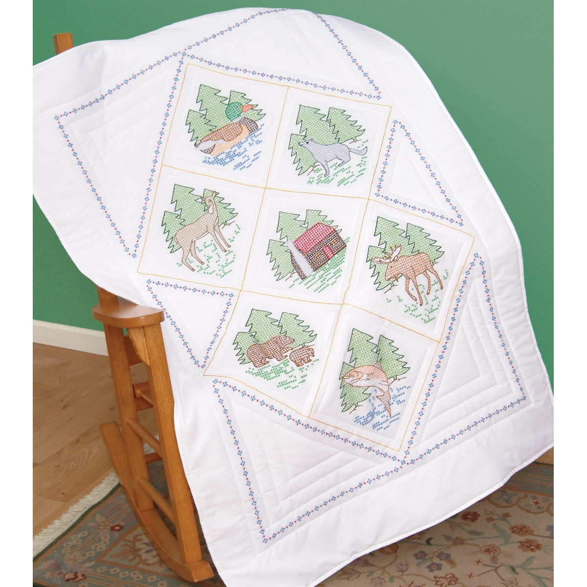 Jack Dempsey Stamped White Lap Quilt Top 40'x60'-great Outdoors
