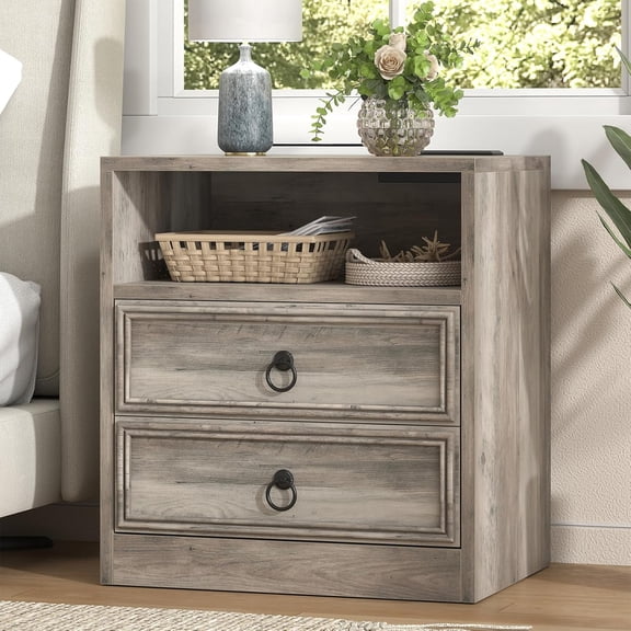 Winkalon 2 Drawers Farmhouse Nightstand with Charging Station, Rustic Bedside Tbale with Drawers for Bedroom, Vintage End Table with Open Shelf for Bedroom Living Room, Grey