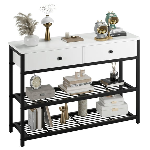 Hellone Console Table with Drawers, Industrial Sofa Table Entryway Table Narrow Long with Storage Shelves for Entryway, Front Hall, Hallway, Sofa, Couch, Living Room, Kitchen