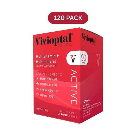 Vivioptal Active, 90 Softgels (120 Units), Ginseng & Omega 3, Multivitamin & Multimineral, Gluten Free, German Formula