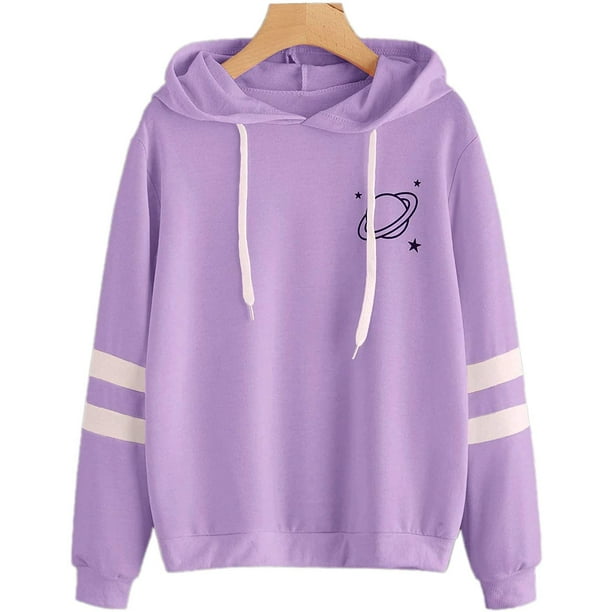 Women s Planet Print Varsity Striped Drawstring Pullover Sweatshirt Hoodies Tops Walmart