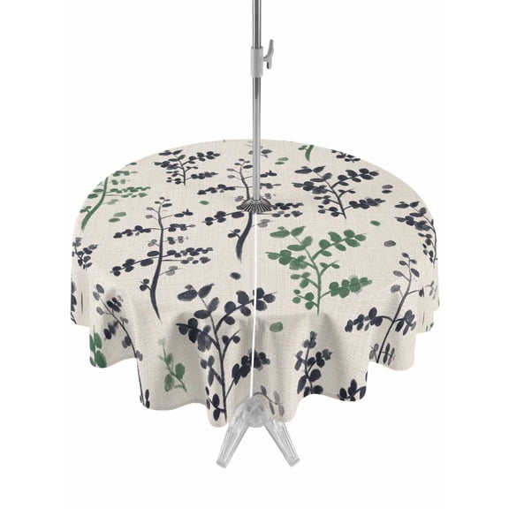 Outdoor Tablecloths with Umbrella Hole & Zipper, Green Grey Botanical Round Tablecloths 60 Inch, Rustic Country Spring Floral Summer Leaf Waterproof Table Cloth, Patio/Pool/Picnic Table Covers