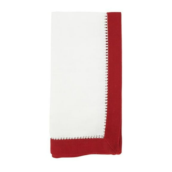 20 in. Elegant Edges Two-Tone Hemstitch Square Napkin, White & Red - Set of 12