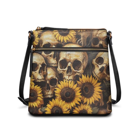 Tutolipy Skull Sunflower Pattern Purse Satchel, Multiple Zipper Pockets PU Leather Crossbody Purse for Ladies Durable Waterproof Satchel Bag for Daily Work