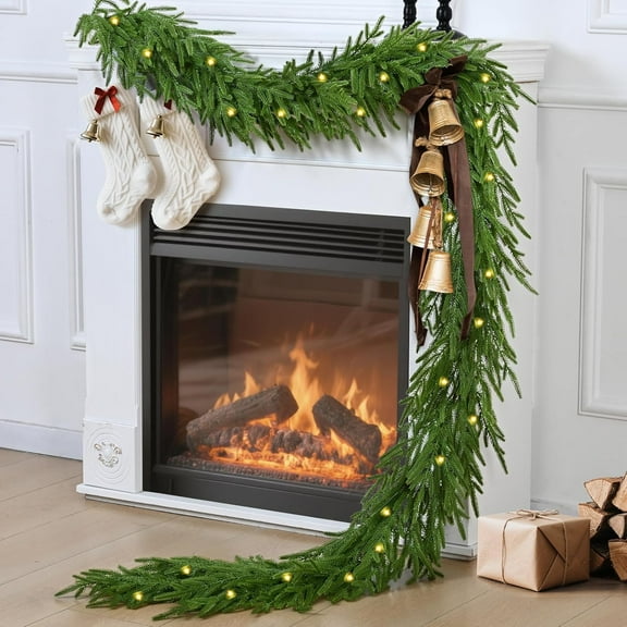 Waipfaru 2Pcs 9ft Artificial Norfolk Pine Garlands Realistic Christmas Garland with Lights Faux Winter Pine Greenery for Mantle,Table, Wall,Indoor,Outdoor Winter Christmas Decorations