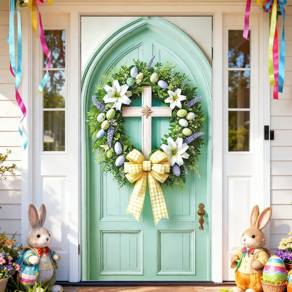 YaoZQ Religious Easter Door Cover, Christian Cross Wreath with White Lilies and Eggs Banner, Spring Holiday Front Door Decoration, Green, 35 x 71 in