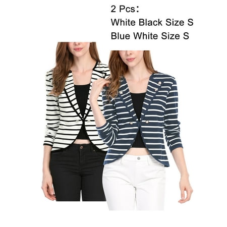 Lined Notched Collar Blazer - Women's Notched Lapel Button Decor Long Sleeves Striped Blazer