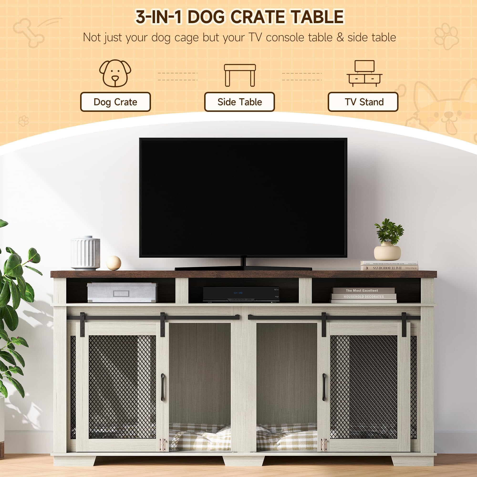 Dog Crate Furniture for 2 Dogs, Wooden Dog Cage with Storage Compartment, Indoor Dog Kennel with Removable Divider and 2 Sliding Barn Door for Large/Medium Dogs