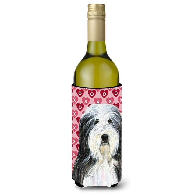 Collie Barbudo Corazones Amor Día De San Valentín Retrato Botella De Vino Aislador De Bebidas Aislador De Bebidas Hugger