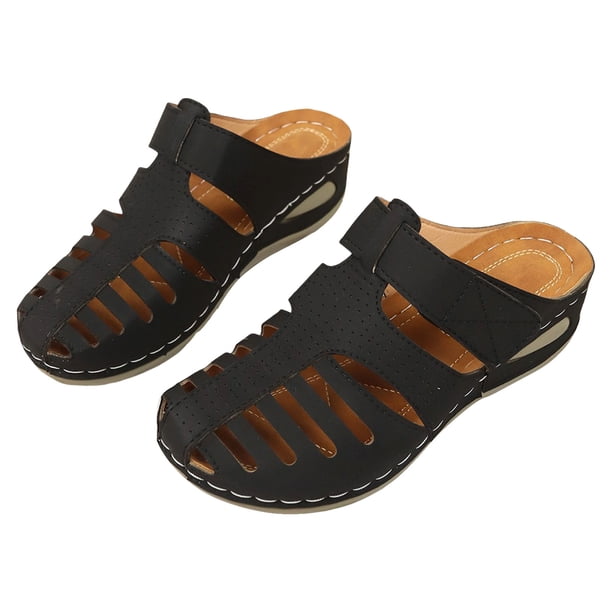 Bmisegm Ladies Summer Casual Hollow Slope Heel Beach Rome Pure Colour Large Size Sandal Slippers Womens Sandals Summer Black 7