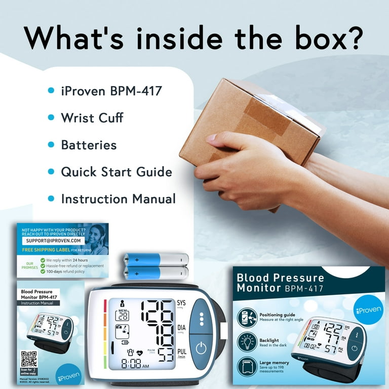 Iproven BPM-417 - Blood Pressure Monitor Wrist for Home Use - Digital Heart Rate & Large Blood Pressure Wrist Cuff - Real Time BP Reading with Wrist