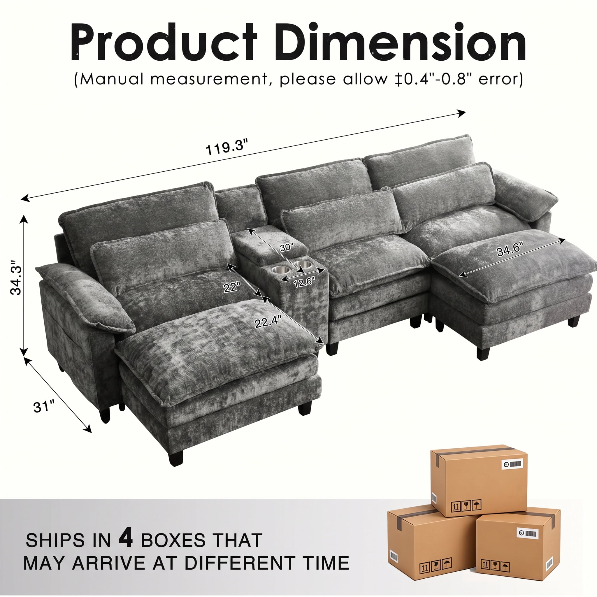 AISWORD 119" U Shaped Cloud Sectional, Modular Sofa with USB Charging, Hidden Storage, Cup Holders and Double Chaise, Living Room Furniture, Gray