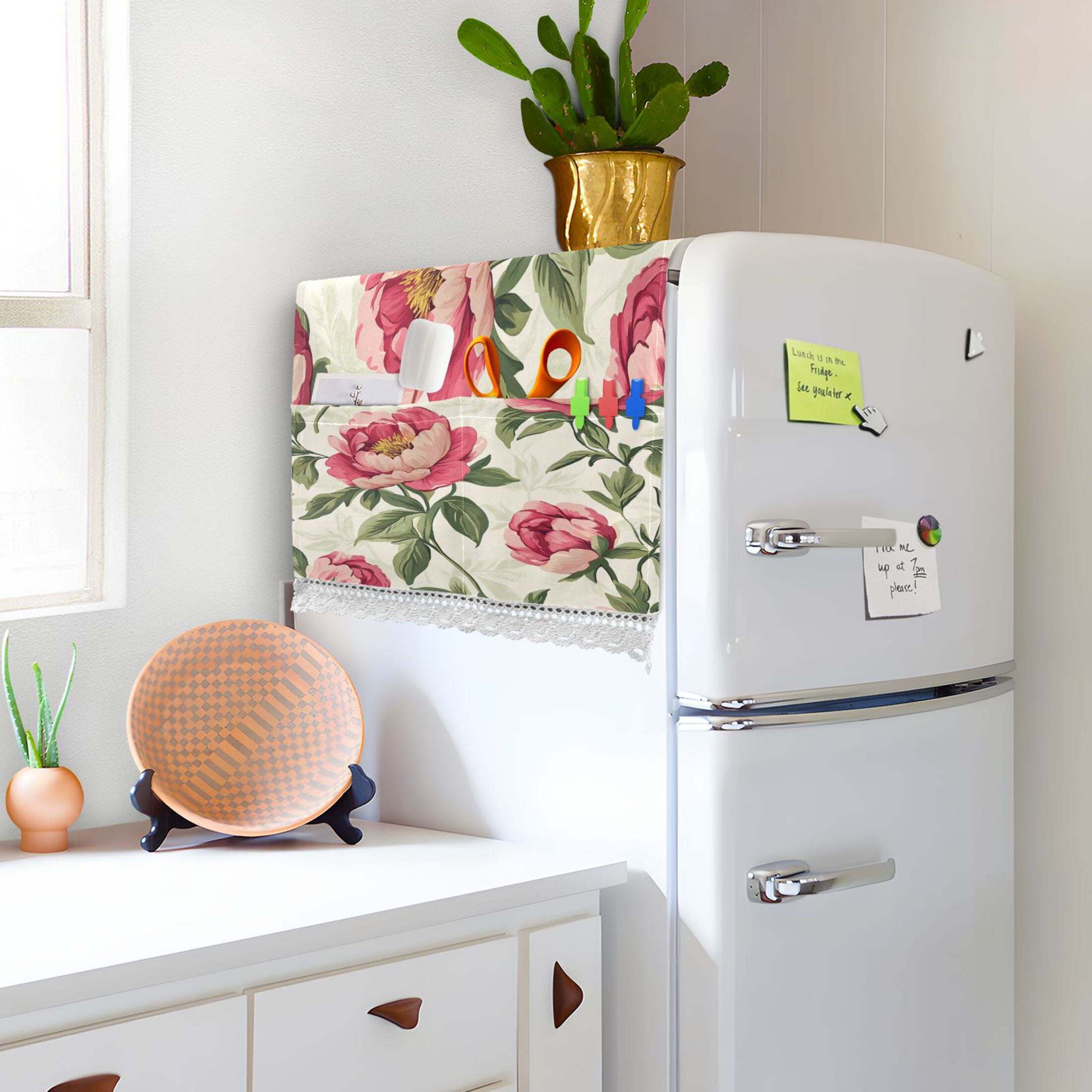 Nostalgic Peonies PatternWasher and Dryer Covers Dust-Proof and Oil Resistant Fridge Cover with 4 Storage Pockets Washing Machine Top Cover for Laundry Kitchen Home 51.2 x 22 In