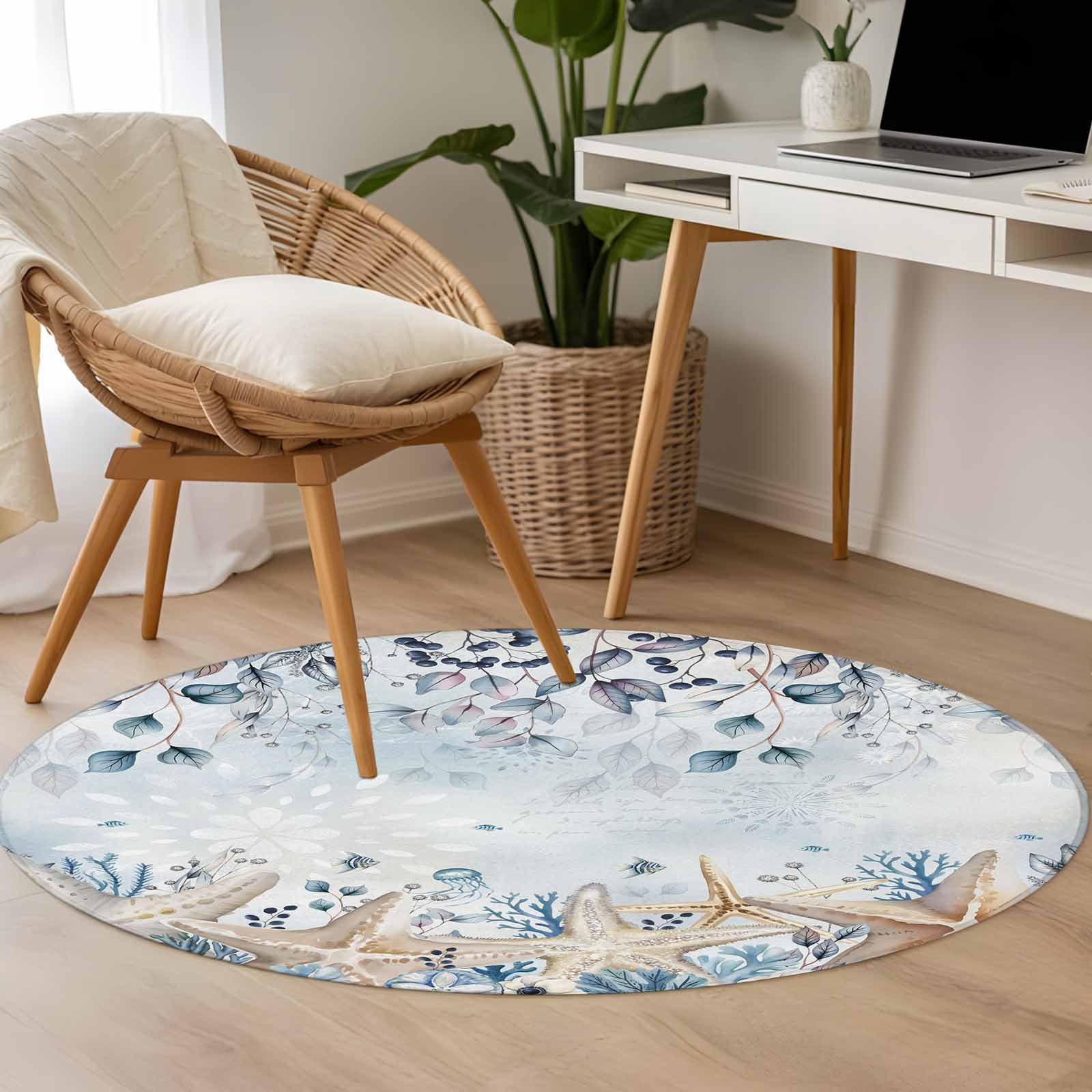 Round Rugs 3Ft, Blue Beige Coastal Round Area Rug Washable Indoor Throw Carpet, Beach Starfish Summer Eucalyptus Ombre Small Non Slip Circle Rug for Bedroom Living Room Home Decor Aesthetic
