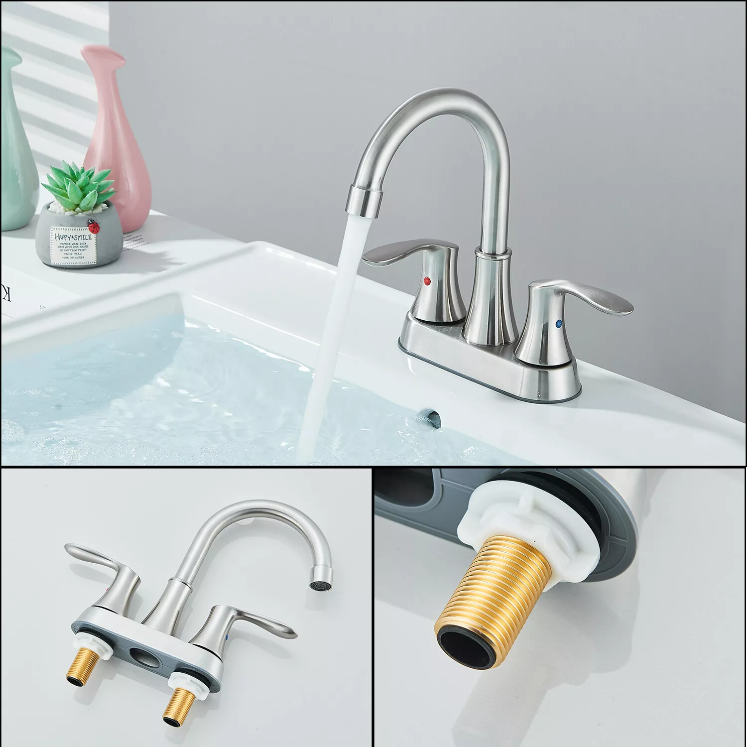Zovajonia 4 Inch 2 Handle Centerset Lead-Free Modern Bathroom Faucet, 360 Swivel Spout 2-3 Hole RV Bathroom Vanity Sink Faucet with Pop Up Drain and Water Supply Lines Brushed Nickel
