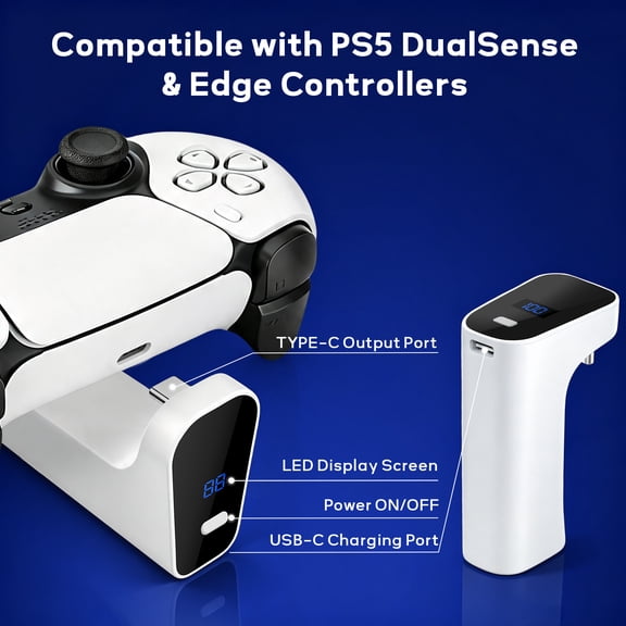 MIMQO External Handle-type Power Bank with Two Portable Controller Battery Packs, for PS5 Controller , White, 2 Count