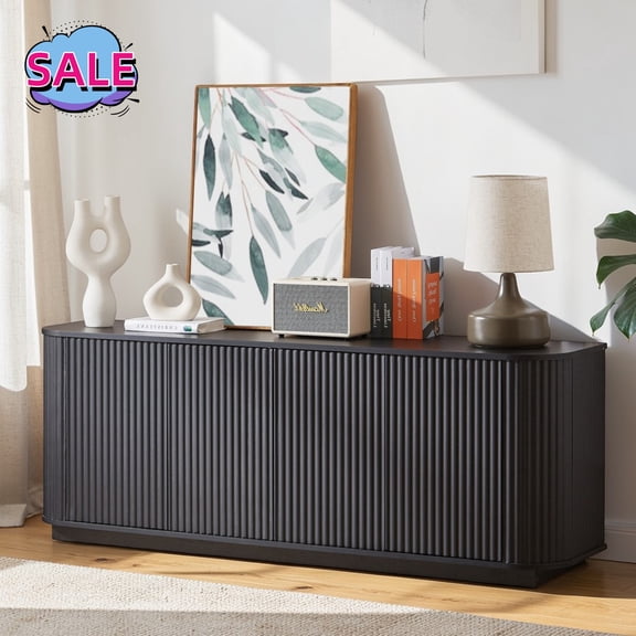 Hassch 64" Buffet Sideboard with 4 Doors, Modern Credenza with Adjustable Shelves, Coffee Bar Cabinet, Console Table for Entryway, Kitchen, Dining Room, Living Room, Black