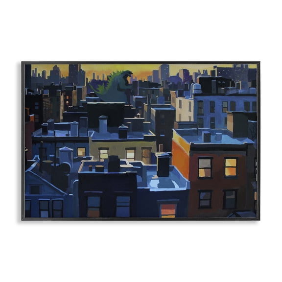 Stupell Industries Cityscape with Distant Monster Cityscapes Painting Black Framed Art Print Wall Art, 18 x 12