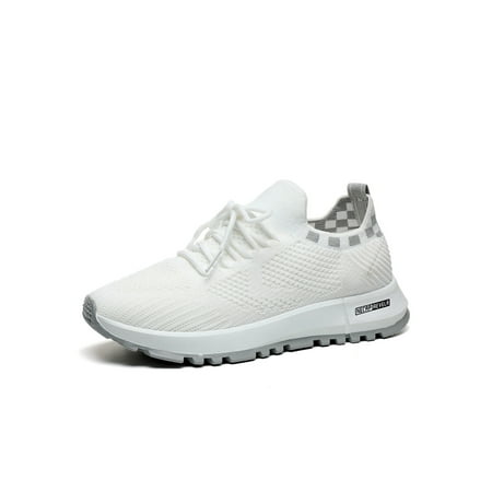 

Rockomi Women Athletic Shoes Breathable Casual Shoe Mesh Sneakers Ladies Comfort Non-Slip Sneaker Slip Resistant Sport Flats White Gray 5.5