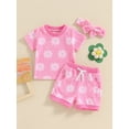 thumbnail image 3 of Musuos Baby Girls 3Pcs Summer Outfits 6 12 18 24M 3Y Short Sleeve Daisy Pattern T-shirt + Drawstring Shorts + Headband Set Casual Clothing for Toddler, 3 of 9