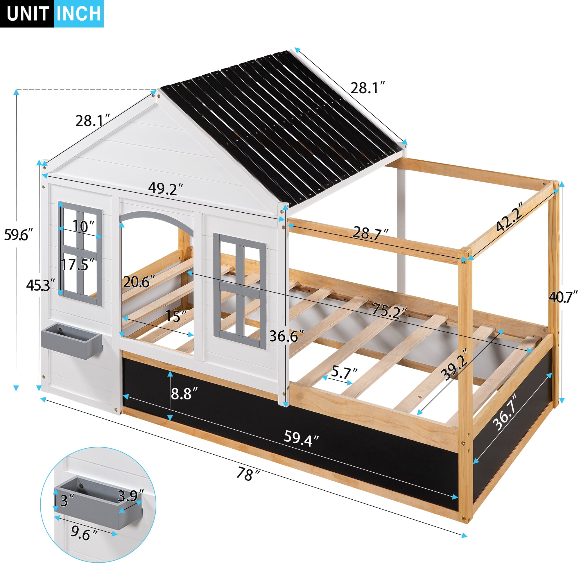 Euroco Wood Twin Size House Bed with Roof and Blackboard for Kids Bedroom, Canopy Platform Bed, White