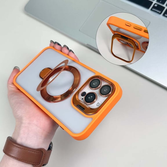Shockproof Case For iPhone 12 Pro Max Compatible with MagSafe, Built-in Camera Protector & Foldable Kickstand, Translucent Frosted PC Back, Heavy Duty Military Grade Protective Cover, Orange