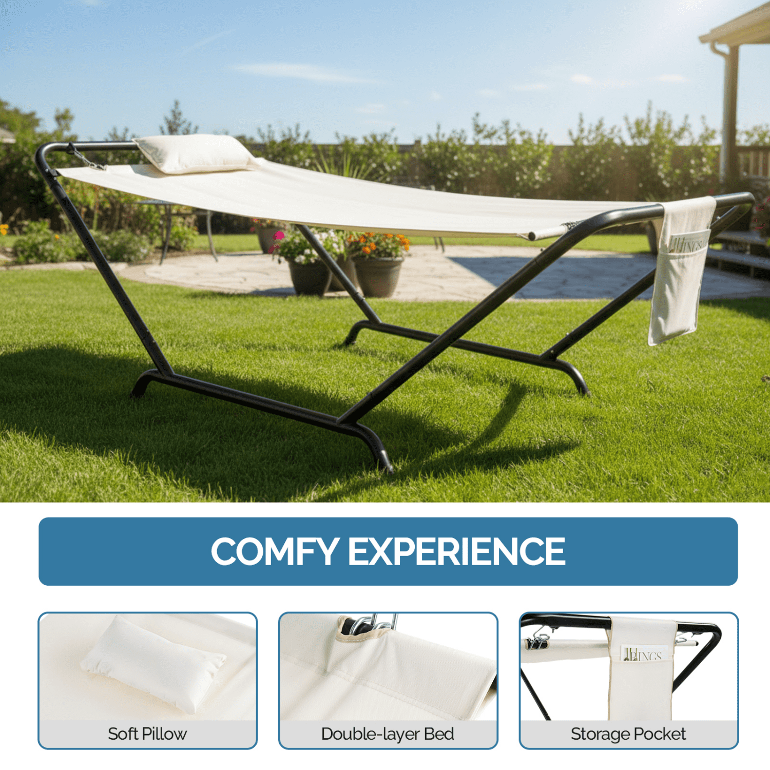 Tcbosik Outdoor Hammock Bed with Stand, Freestanding Hammock with Pillow and Storage Pocket for Yard, Deck, Patio, Beige