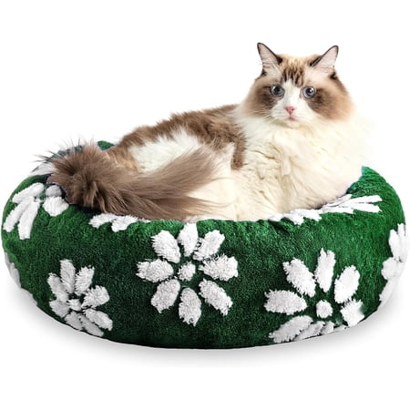 Donut Beds for Small Dogs, Calming Round Beds for Indoor Cats, Cute Textured Flower Pet Bed with Removable Washable Cover and Anti-Slip Bottom(Green,20")