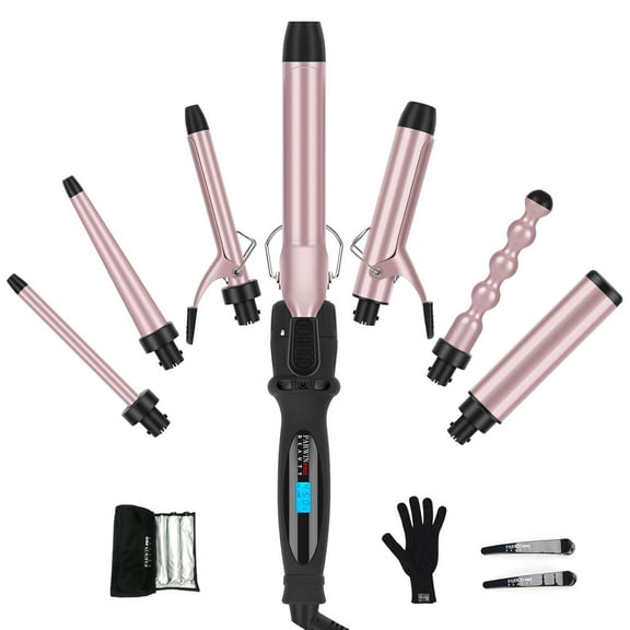 Curling Iron,CNV 7 in 1 Curling Wand Set with 7 Interchangeable Barrels and Heat Protective Glove Auto Shut Off Dual Voltage