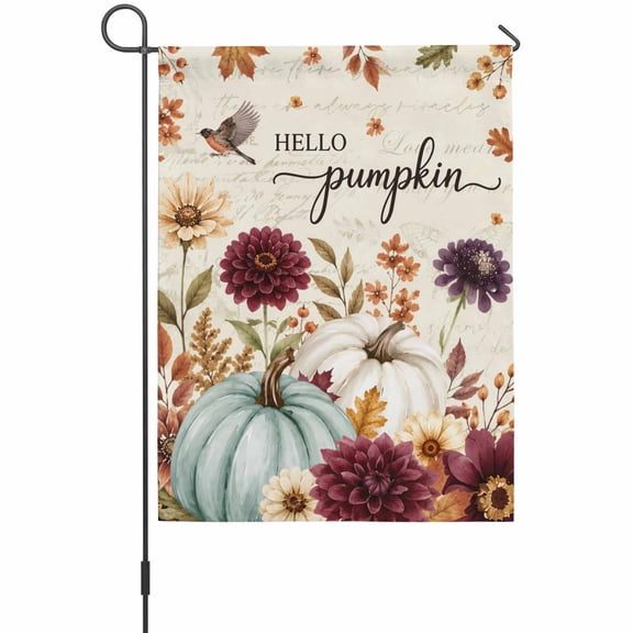 Fall Hello Pumpkins Garden Flag 12 x 18 Inches, Thanksgiving Country Bird Flowers Berry Leaf Weather Proof Outdoor Patio Flags Double Sided Small Garden Decoration for Yard Outside Home
