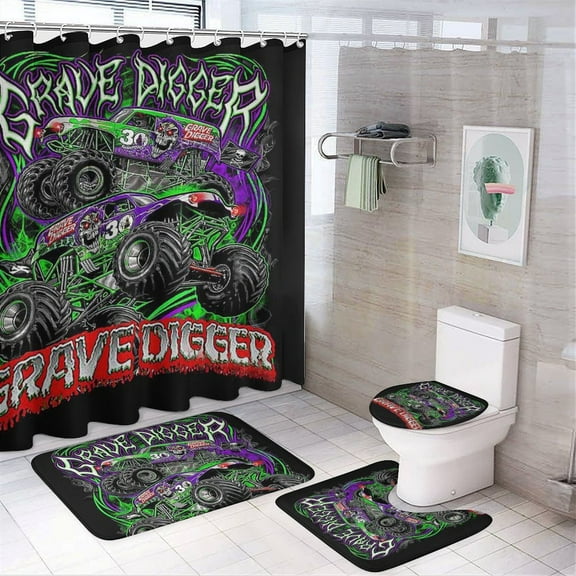 Monster Grave Digger Trucks 4 Pcs Shower Curtain Sets Non-Slip Rugs Bath Mat Toilet Cover U Shaped Mat for Bathroom Decor Mats