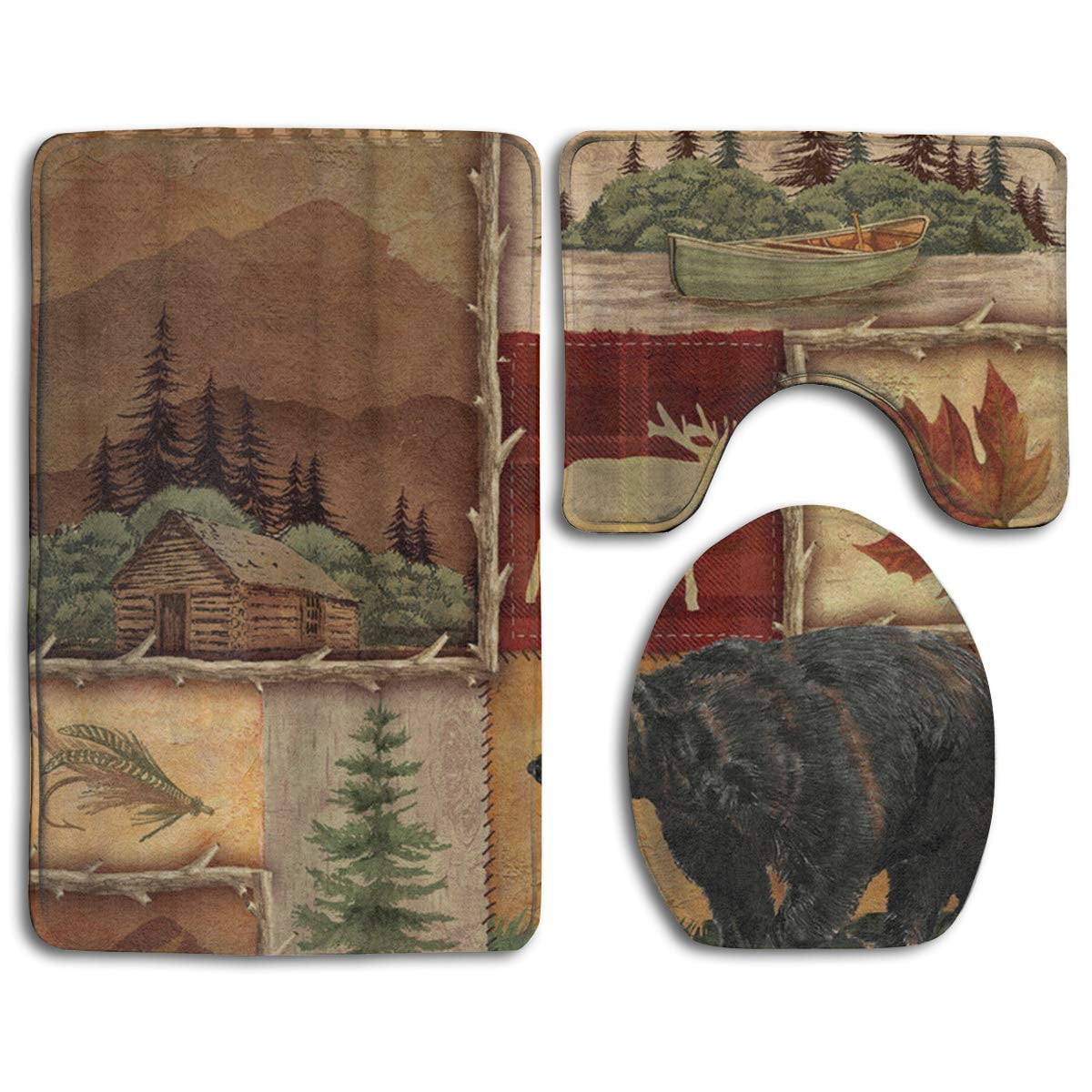 GOHAO Rustic Lodge Bear Moose 3 Piece Bathroom Rugs Set Bath Rug