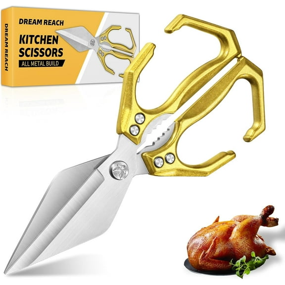 Dream Reach Heavy Duty Poultry Shears Kitchen Scissors for Food with Ergonomic Handle, High-Carbon Steel Cooking Scissors for Kitchen, Chicken, Meat, Seafood, Bone Cutting (Gold)