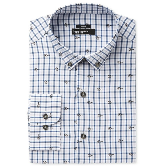 Bar III Mens Slim Fit Stretch Easy Care Blue Sunglasses Gingham Print Dress Shirt Blusunglassgn 34-35