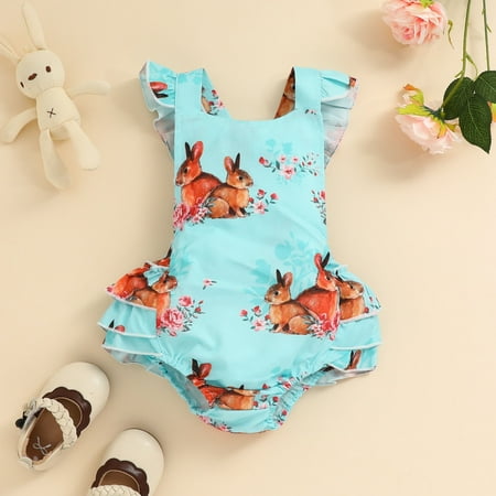 

cllios Baby Girls Easter Ruffle Jumpsuit Sleeveless Bunny Print Outfit Cute Strap Bodysuit