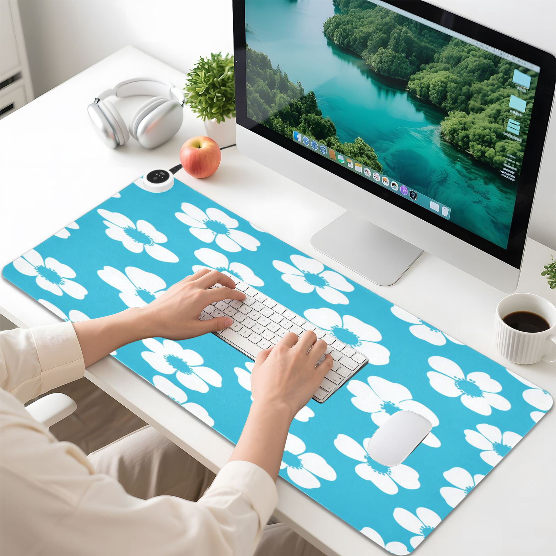 Large Heated Desk Mat Mouse Pad 31.5"x13"PU Leather Graphene Heating Desk Warmer with 3 Temperature Settings 110V US Plug Non-Slip Warm Pad for Home, Office, and Gaming Turquoise White Daisy Floral