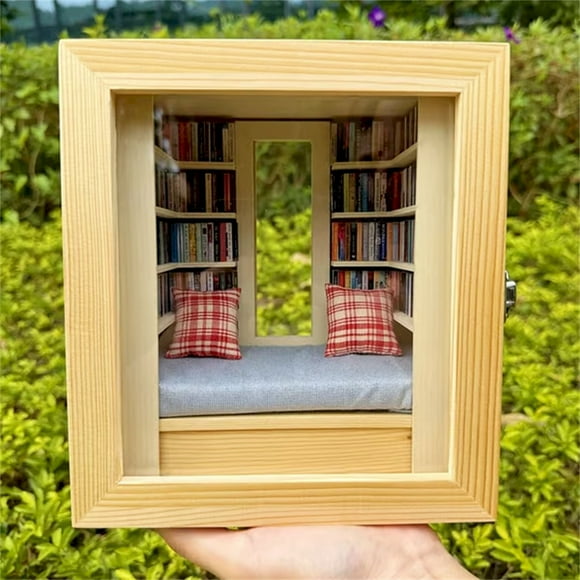 ⚡ Big Sale ! Room Box With Window Miniature Book Handmade Wooden Mini Room Book Box With 260 Mini Books And 2 Cushions Miniature Book Kit For House Bedroom