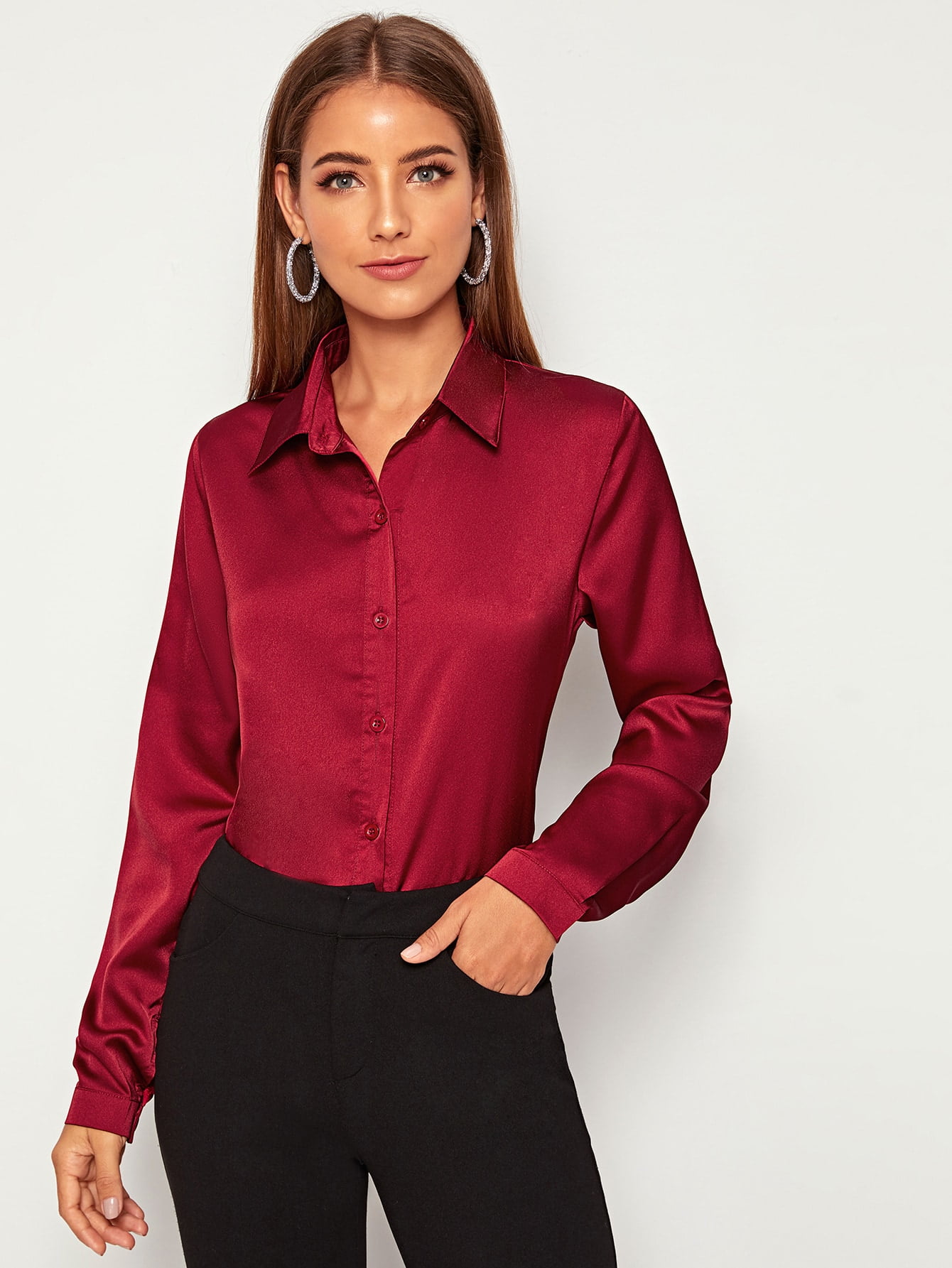 Women's Solid Button Front Satin Blouse 
