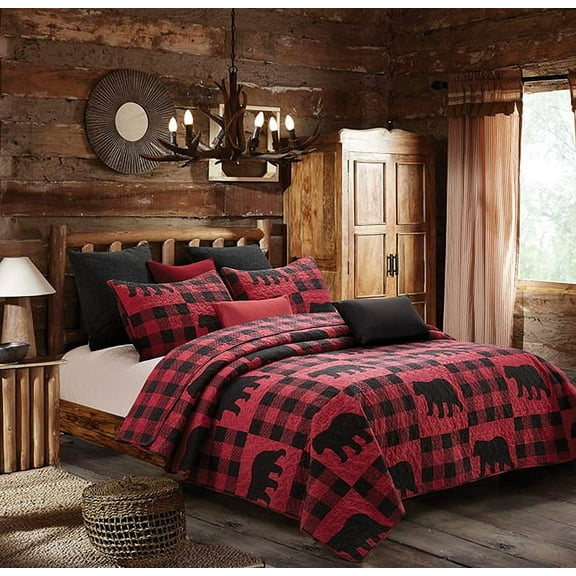Red and Black Black Bear Plaid Patchwork Quilt and Sham Set Queen / Full