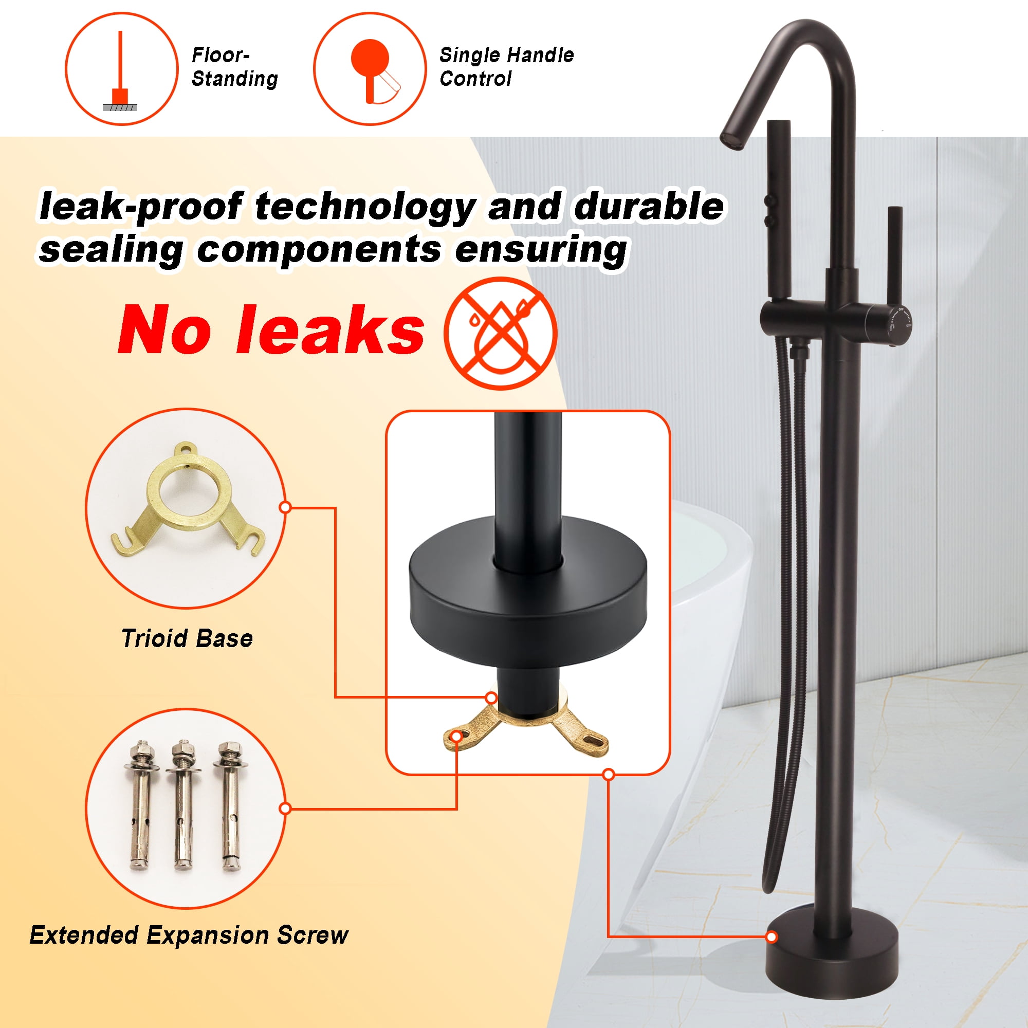SUNRINX Freestanding Tub Faucet, Single Handle Free Freestanding Tub Faucet with Brass Two-Function Handshower, Max 6 GPM Floor Mount Tub Filler Bathtub Faucet with 360° Rotating Spout, Matte Black